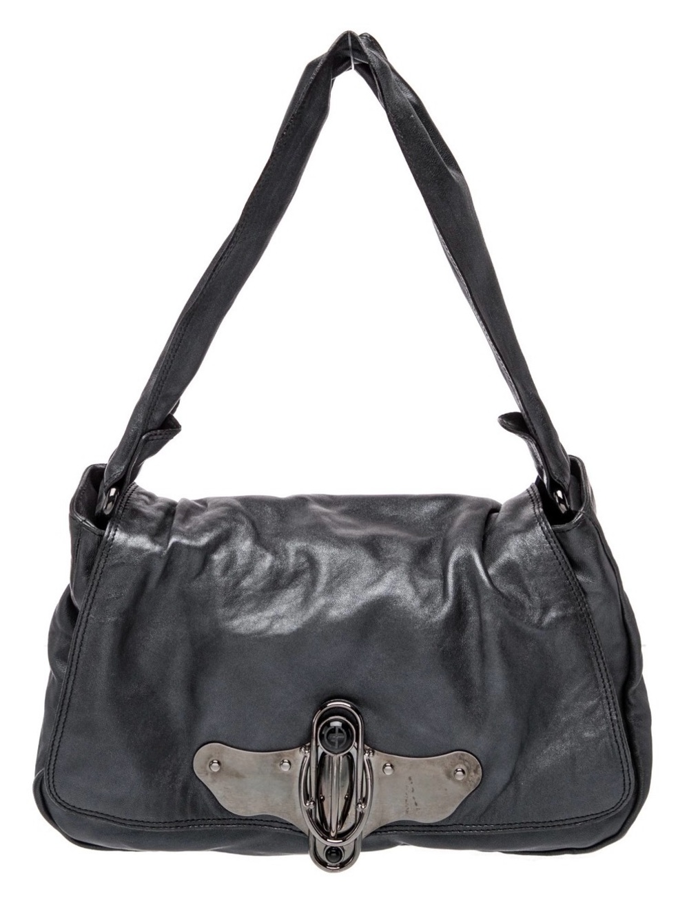 Giorgio Armani Soft Grey Leather Shoulder Bag with Metal Front Clasp